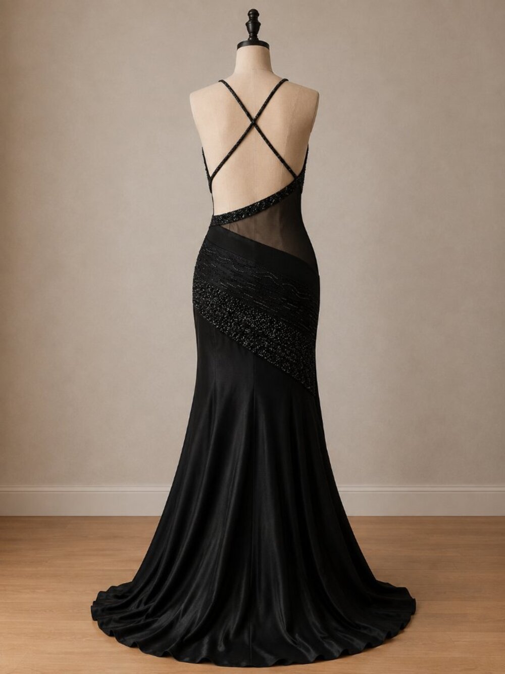 Vintage Y2K Jasz Couture Black Beaded Mesh Mermaid Dress Formal Evening Gown - Picture 2 of 6